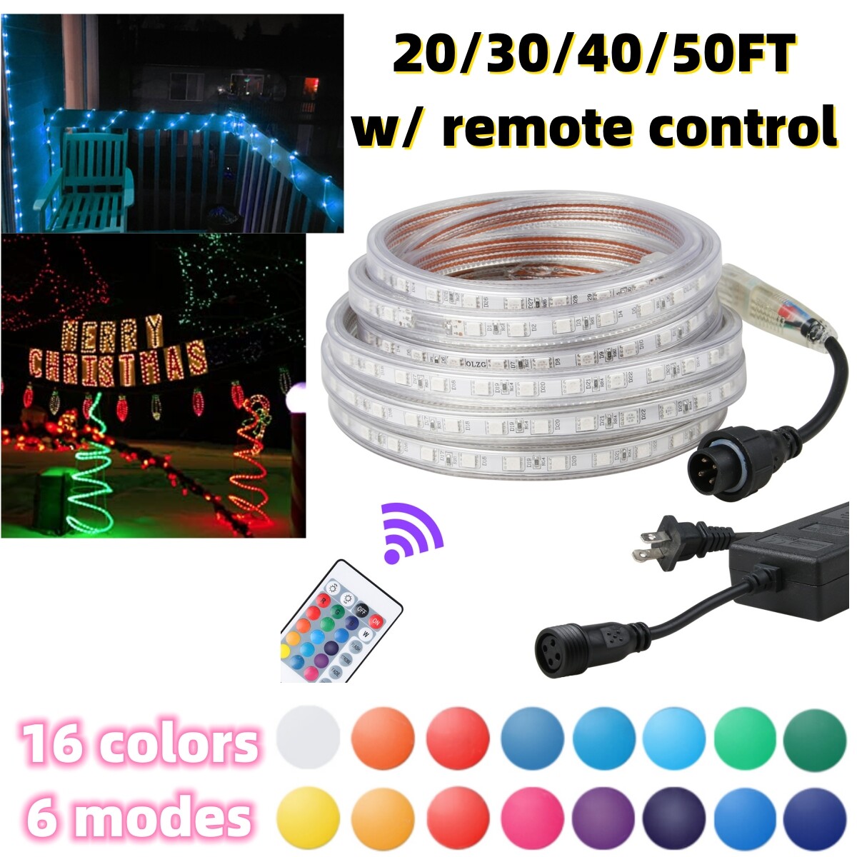 20-50FT LED Strip Rope Light Waterproof Multi-color Changing 5050 RGB w/  Remote