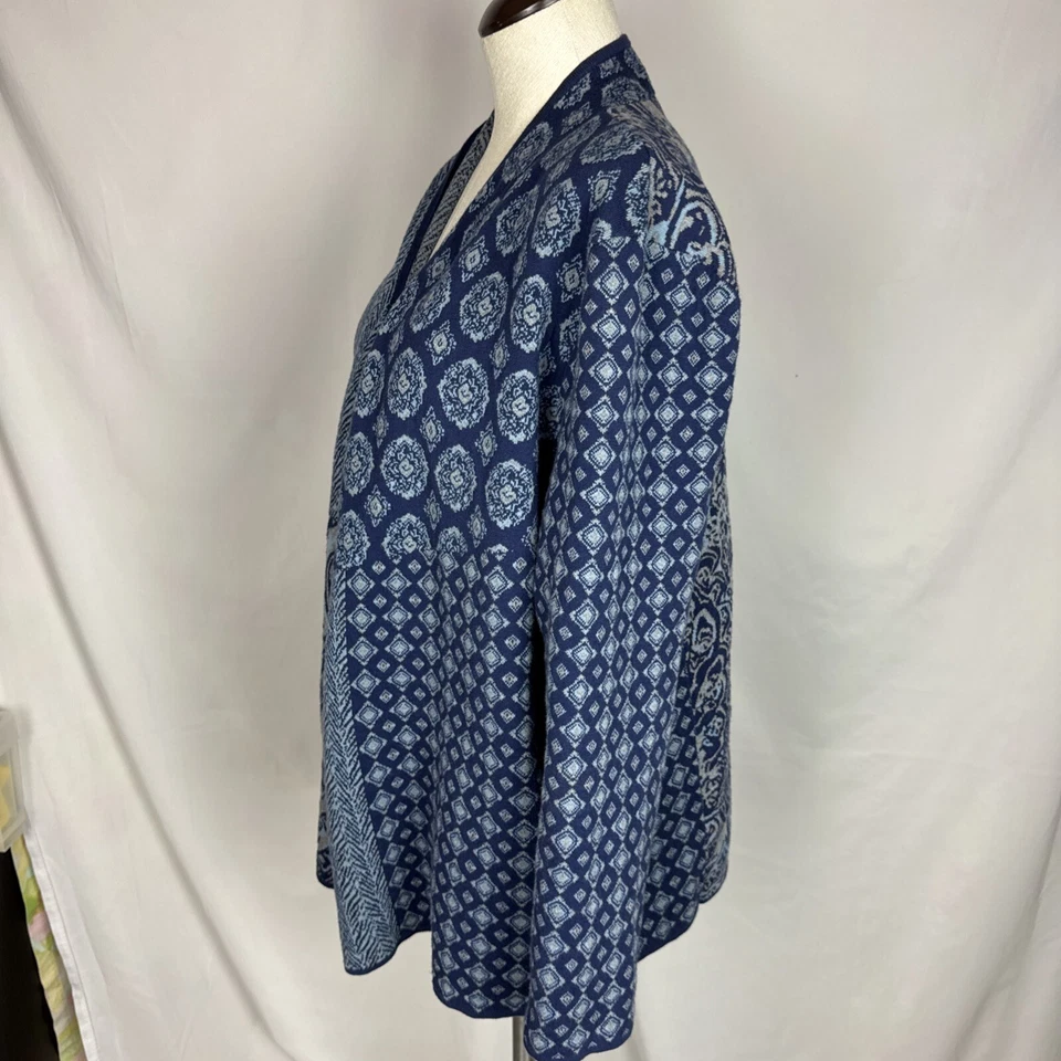 J Jill Paisley LARGE Patchwork 100% Cotton Blue Cardigan Light Sweater Jacket - Image 4 of 4