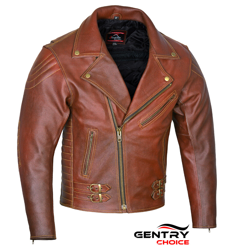 RIDERACT Modern Brando Leather Motorcycle Jacket Brown Biker Motorbike