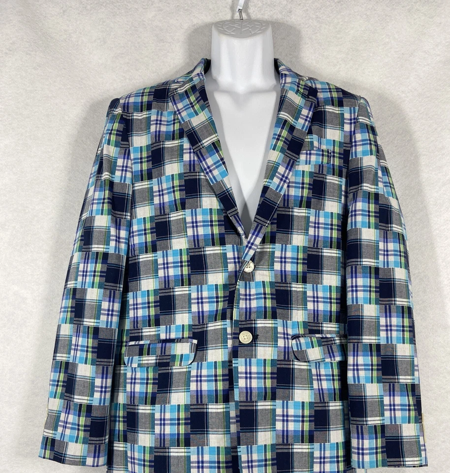 Izod Blazer Mens 20R Blue Gray Sport Coat Patchwork 100% Cotton Chest 40” - Image 2 of 4