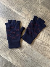 Gucci GG Wool Fingerless Gloves   Navy w/ Red Monogram   Size S   Made in Italy