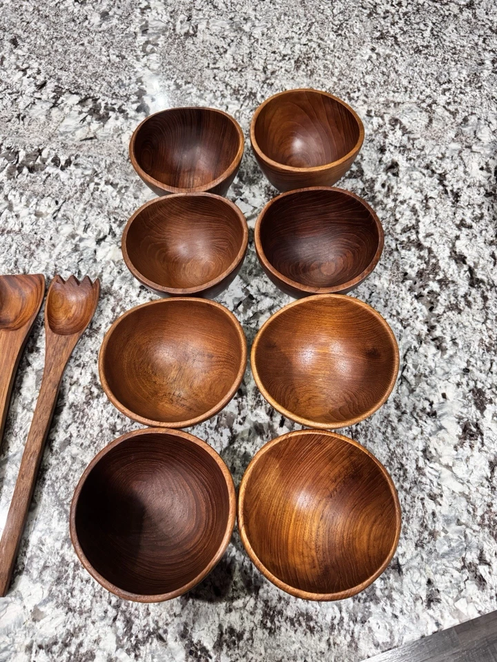 复古优质木柚木沙拉碗套装 11 件套泰国制造 — 第 2/4 张图片