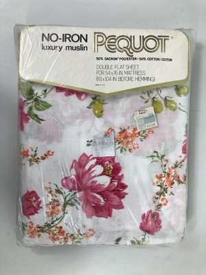Vtg No Iron Pequot Luxury Muslin Double Flat Sheet Polycotton Floral NOS
