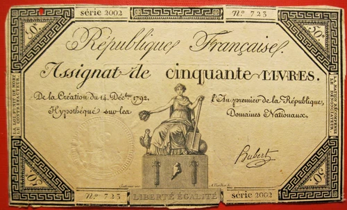 France. Assignat de 50 Livres du 14 Décembre 1792. Dans l'état