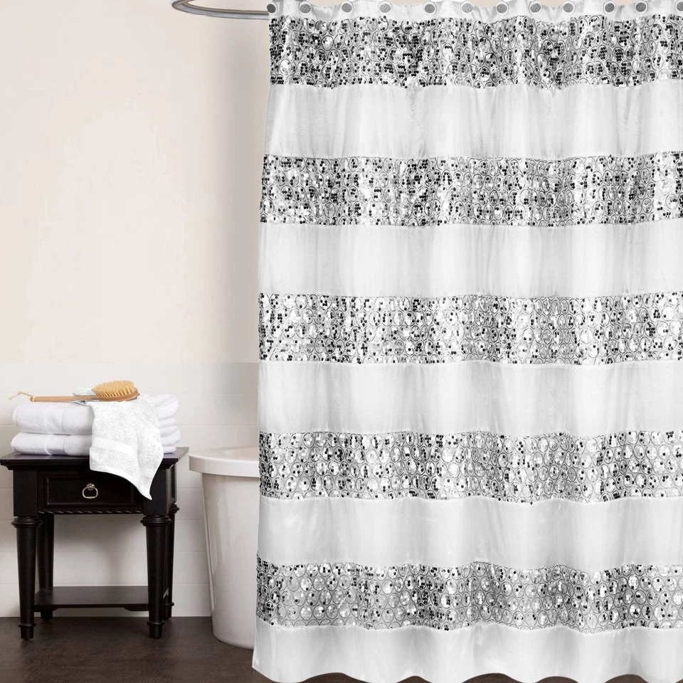 Cortina de ducha Sinatra lentejuelas blanca 70x72 pulgadas Foto 3 de 4