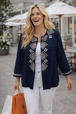 Chico's Neckline Embellished Artisan Linen Blend Jacket Ink Navy Blue Size 3 XL