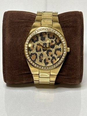 Gold Tone Leopard Crystal Dial Fashion Watch Stainless Steel For Repair