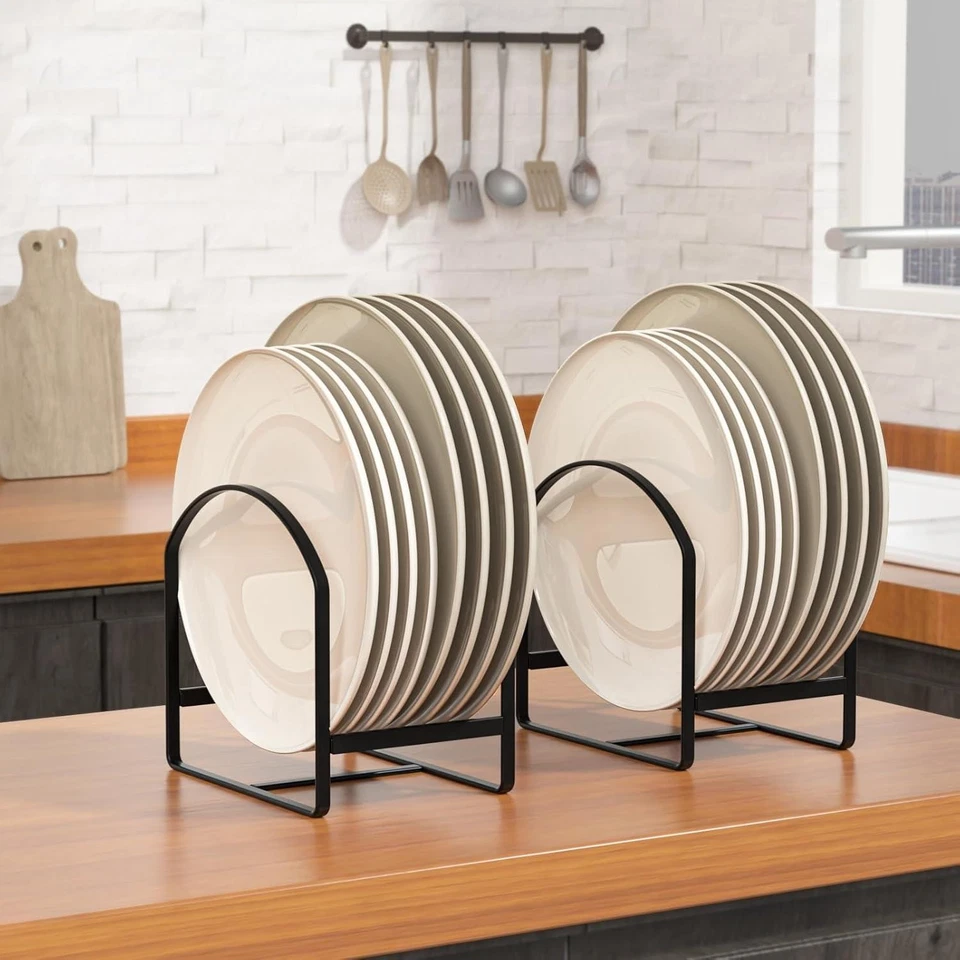 4 Pack Kitchen Plate Holders Metal Dish Rack Organiser for Cupboard & Countertop - Image 2 of 4