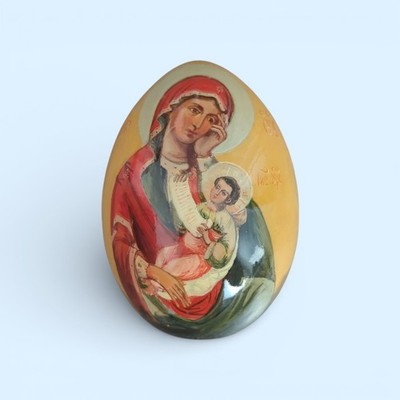 Russian Hand Painted Wooden Easter Egg Madonna Child Icon Folk Art 4.25'' Signed