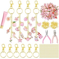 254 Pcs Pink Charms Lip Gloss Keychain Making Kit with Enamel Bag Charms, Key...