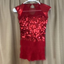 Women  s Red Sequin Fringe Dance Costume Leotard with Mesh Neckline adult small