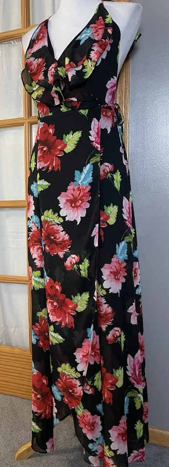 XOXO Floral Chiffon Wrap Maxi Dress S Ruffles Crisscross Straps Boho - Image 2 of 4