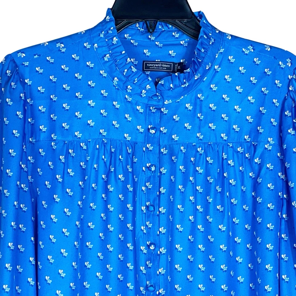 Vineyard Vines Blouse Women’s XL Blue Silk Blend Floral Ruffle Preppy Longsleeve - Image 4 of 4