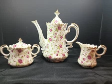 LEFTON ROSE CHINTZ CHINA COFFEE POT w/CREAMER & COVERED SUGAR BOWL, EXCELLENT