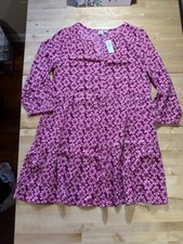 Gap Tiered Split Neck Mini Dress Pockets Long Sleeve Pink Batik Print  M NWT