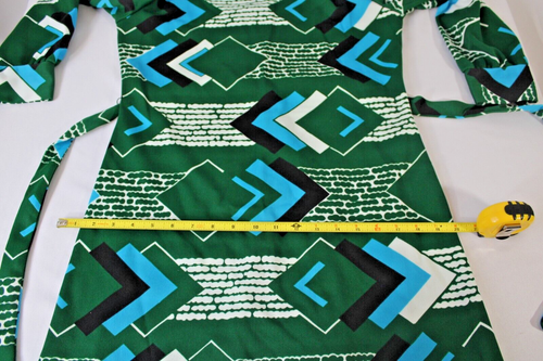 Joan Curtis Retro 1970s Green & Blue Pattern Long Sleeve Belted Mini Go Go Dress - Picture 8 of 9
