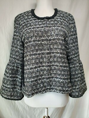 J Crew BELLE Sequin Tweed Jacket Blazer 10 Bell Sleeves Black White Fringe  Trim