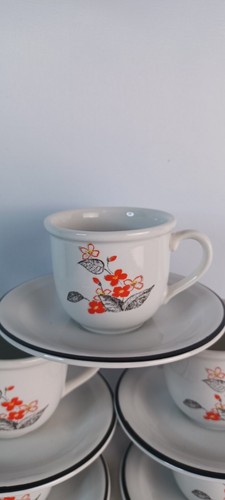 Vtg Cipa Italian Porcellana Espresso Demitasse Cups & Saucers Orange Black White - Picture 2 of 11