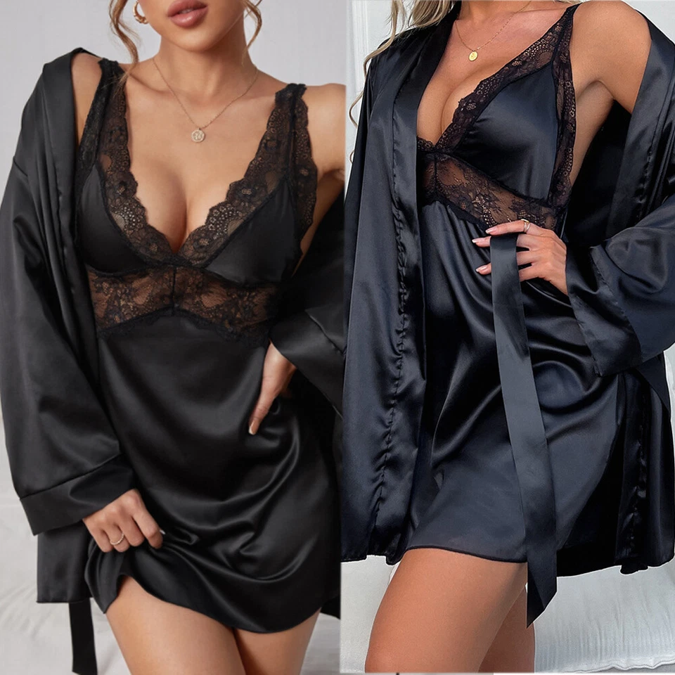 Women Lingerie Sexy Silk Robe Slip Dress Sets Babydoll Teddy Nightgown Sleepwear - Image 4 of 4
