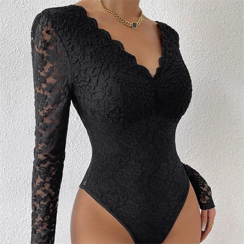 Sexy Langarm DAMEN BODY Spitzenbody Stringbody Bodysuit Dessous Unterwäsche Neu - Bild 10 von 15