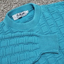 Lavane New York Cable Knit TexturedGrid Pullover Sweater Teal Blue L Made In USA