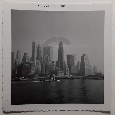 New York City Skyline, Tugboats in River: 1960's Snapshot Photo
