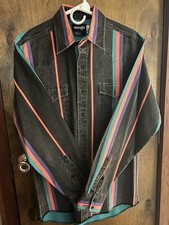 Vtg M Vintage Wrangler Brushpopper Shirt 15.5 X 34 Striped Teal Purple Black EXC