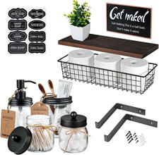 Mason Jar Bathroom Accessories Set with Floating Shelves, Soap Dispenser, Toothb