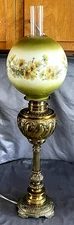 Antique Victorian Electrified Oil Lamp w/ Hand Painted Glass Shade & Brass Base
