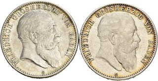 Künker: Baden Friedrich I. 2 x 2 Mark 1904 1905 G Silber