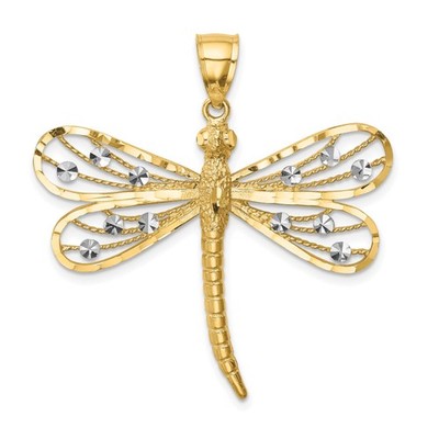 14k Gelbgold Massiv Libelle Anhänger Filigran Diamantschliff Charm