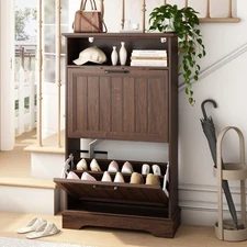 Shoe Storage Cabinet with 2 Flip Drawers, 24" W Farmhouse Modern Hidden Shoes...