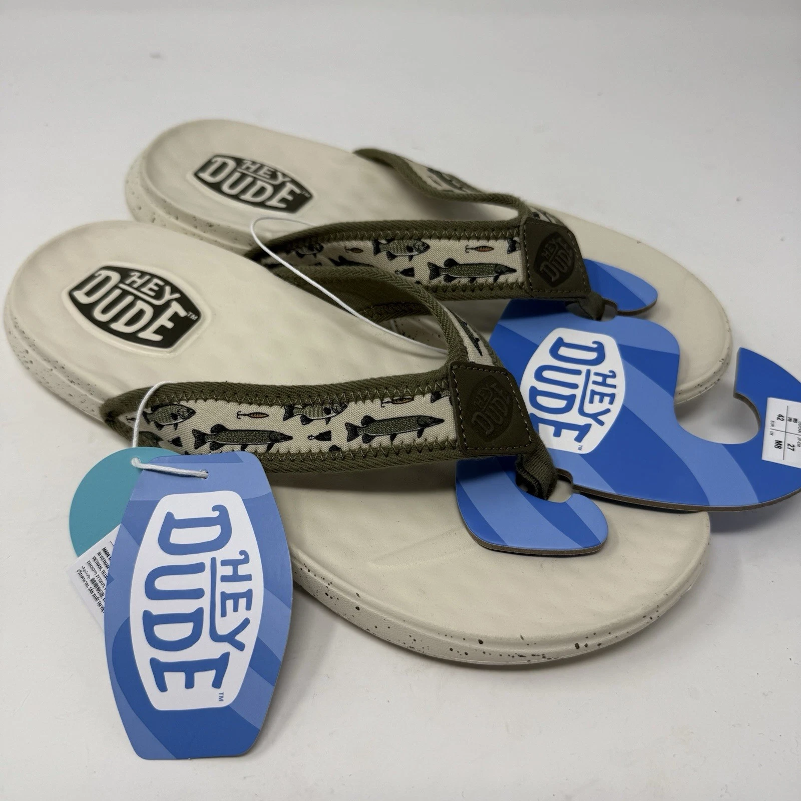 Hey Dude Flip Flops Mens 9 Tan Fish Lure Brown Myers Sandals Slip On Comfort