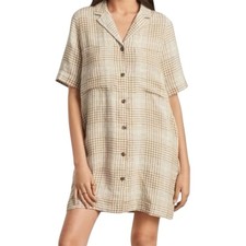 Everlane The Linen Workwear Shirt Dress Button Collar Pockets Tan Grid Plaid XS