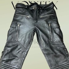 Men's Black Real Lambskin Leather Cargo Pant Biker Trousers Belted Multi Pocket