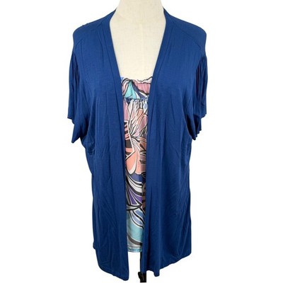 NWT August Silk Womens XL 2 in 1 Layered Top Blue Floral Cardigan Tank Office
