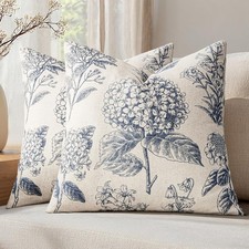 Set of 2 Decorative Floral Neutral Pillow Covers 18x18 Inch Light Blue Hydrangea