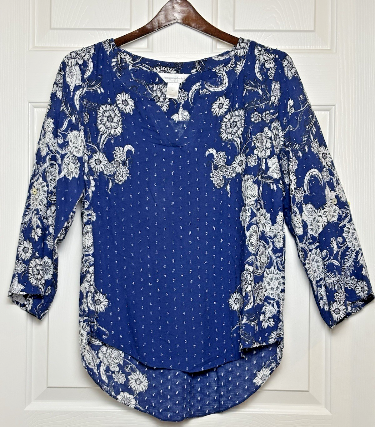 Christopher & Banks Blue White Floral 3/4 Sleeve Lightweight Top Size S NWOT