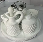 Vintage Fenton Hobnail White Milk Glass Condiment Set On Tray 10 Pieces