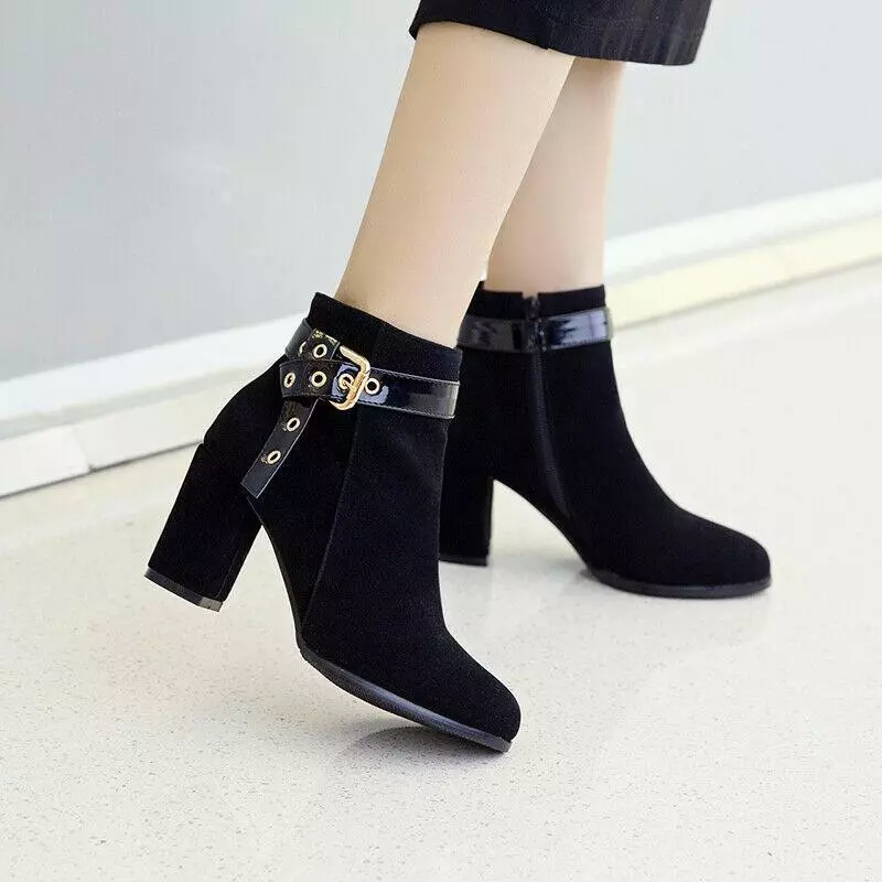 Women s Ankle Boots Block Mid High Heels Stretch Zipper Winter Booties Size 4 15