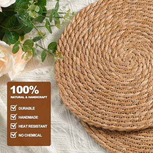 Round Woven Placemats Set of 10, 12" Boho Rattan Placemats 12 inch Set of 10 - Picture 5 of 7