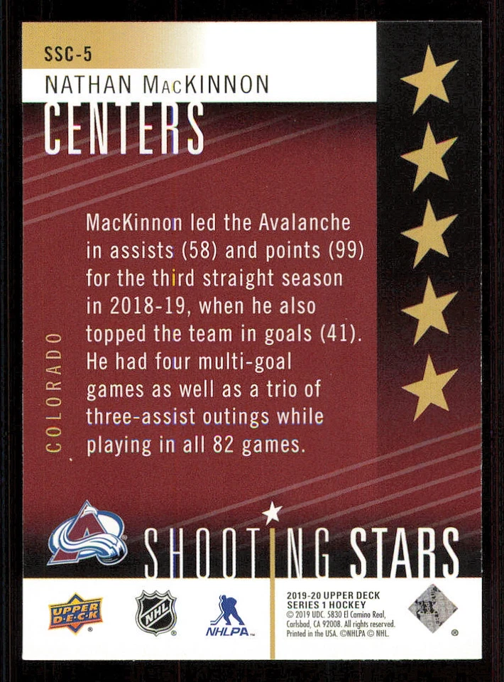 2019-20 Upper Deck Shooting Stars Centers Red #SSC5 Nathan MacKinnon - Image 2 of 2