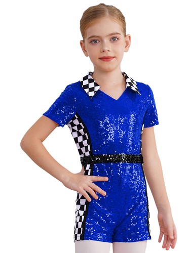 Girls Bodysuit Dress Up Racer Costume Uniform Jumpsuit Short Sleeve Unitard - Picture 29 of 85