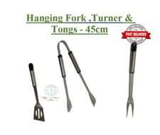 Set of 3 Deluxe 45cm Barbecue BBQ Tools Fork Turner & Tongs Utensil 