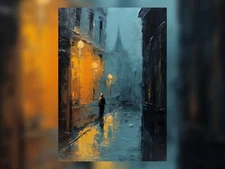 Urban Solitude - Man Walking Down Dark Street Oil Print  5"x7"