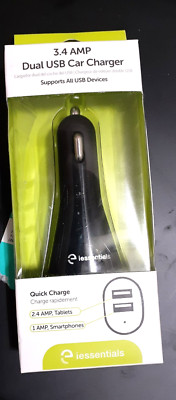 iEssentials Dual USB Car Charger 3.4A Fast Charge for iPhone iPad Samsung Black