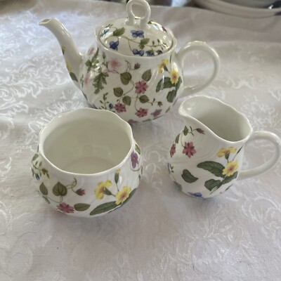 Queens Country Meadow Teapot Sugar, And Creamer Excellent Condition