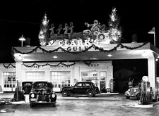 1939 Gulf Gas Station Decorated for Christmas at Night  8 x 10 Photograph
