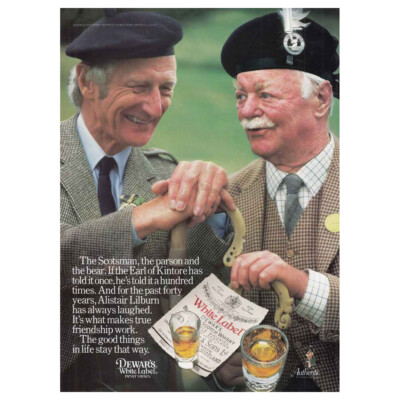 1985 Dewars White Label: Scotsman The Parson and the Bear Vintage Print Ad
