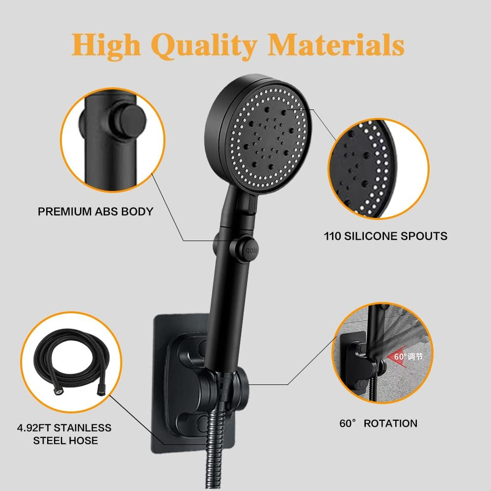 Black Handheld Shower Head with Hose and Self Adhesive Holder,Multi